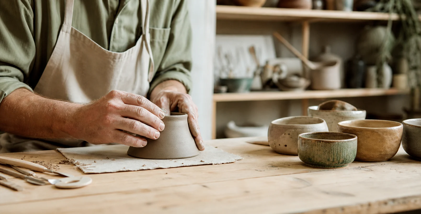 Kunsthandwerker formt Keramik in einer kleinen Werkstatt