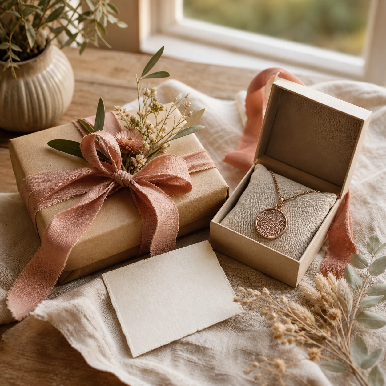 Persönlich verpacktes handgemachtes Geschenk mit Schmuckstück und Grußkarte